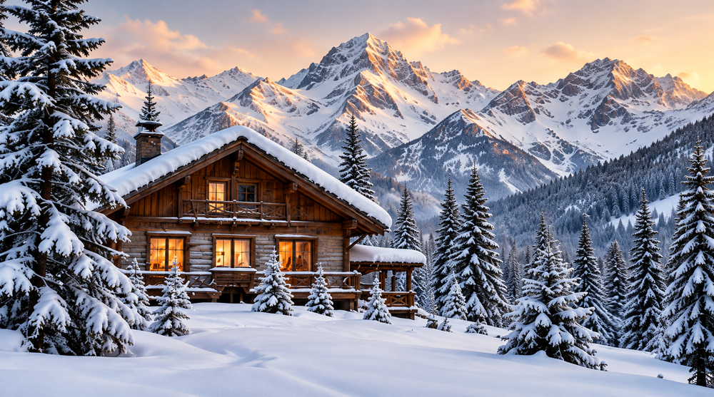 Wooden alpine cabin with warm windows in snowy forest under mountain peaks