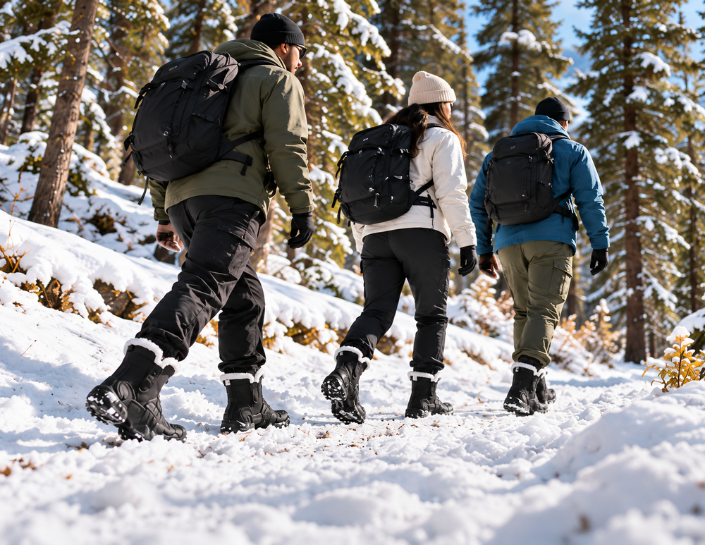 Three hikers wearing black fur-lined winter boots on a snowy forest trail