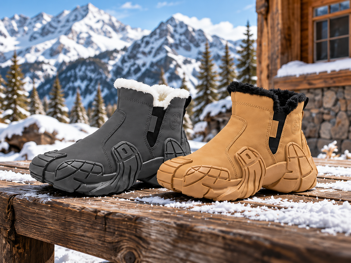 Gray and tan fur-lined winter boots on a snowy wooden bench outside a mountain cabin
