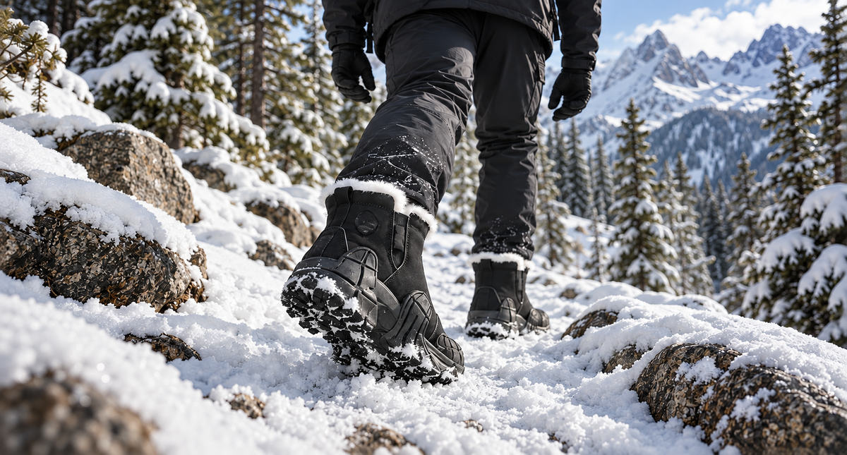 Close-up of black fleece-lined winter boots on a snowy mountain trail