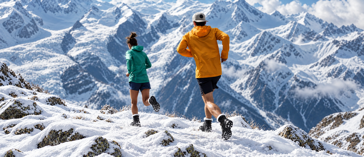 Two runners wearing black winter boots on a snowy mountain trail