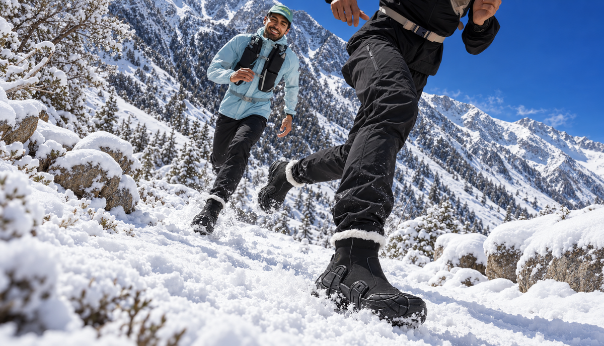 Two runners wearing winter boots on a snowy mountain trail