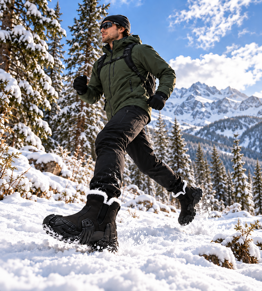 Runner wearing black fleece-lined boots on a snowy mountain forest trail