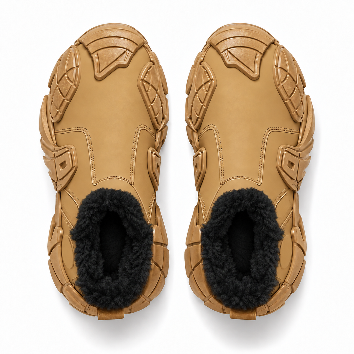Tan winter boots with black fleece lining — top view